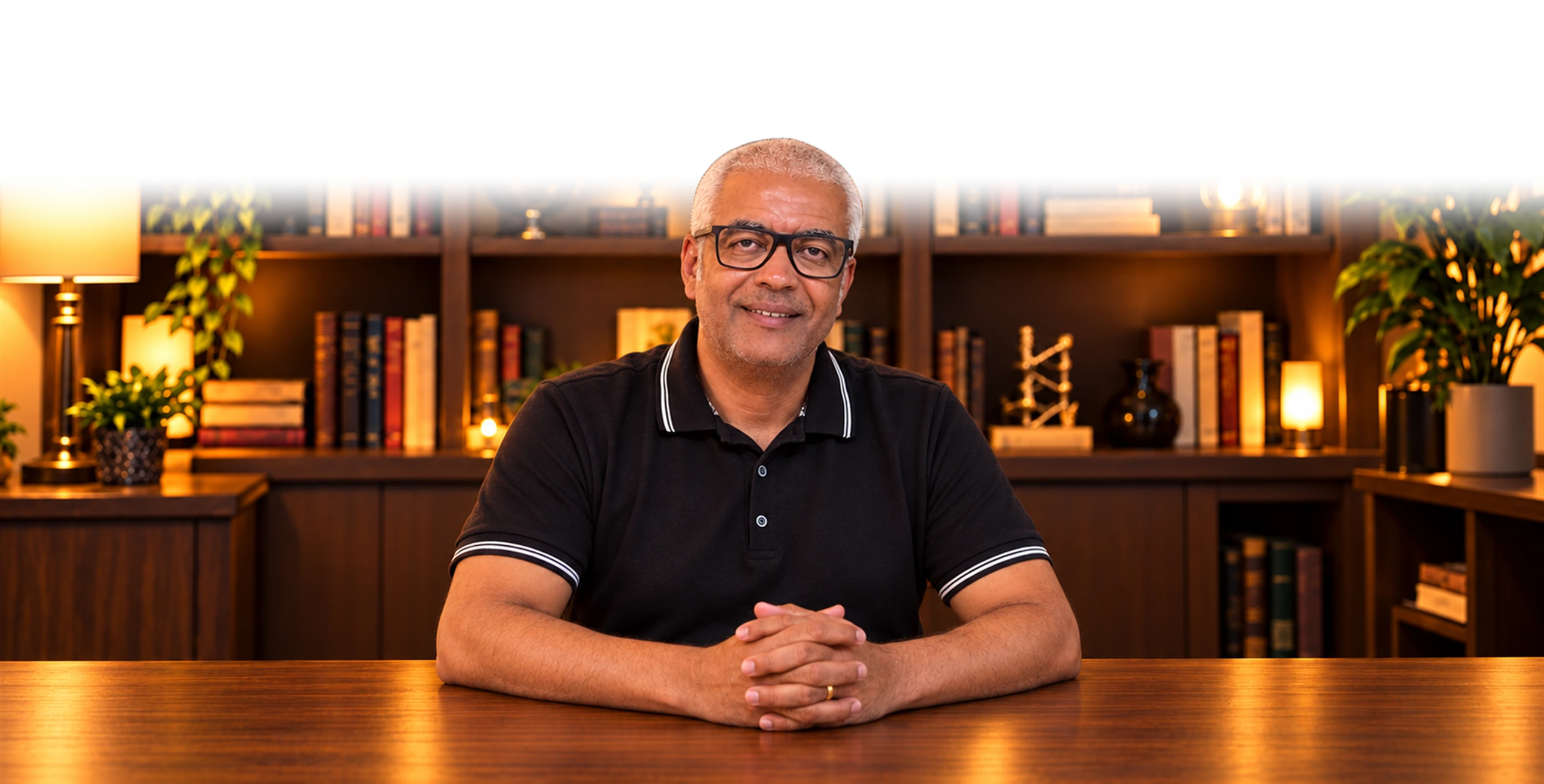 Professor Adriano sorrindo, sentado à mesa da biblioteca