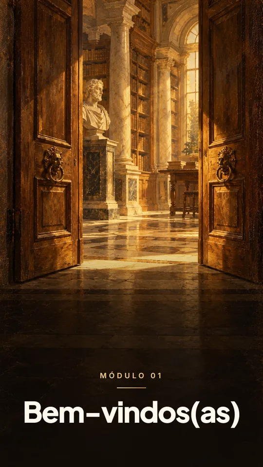 Módulo 1: Bem-vindos(as). Portas de uma biblioteca clássica se abrindo, com luz dourada