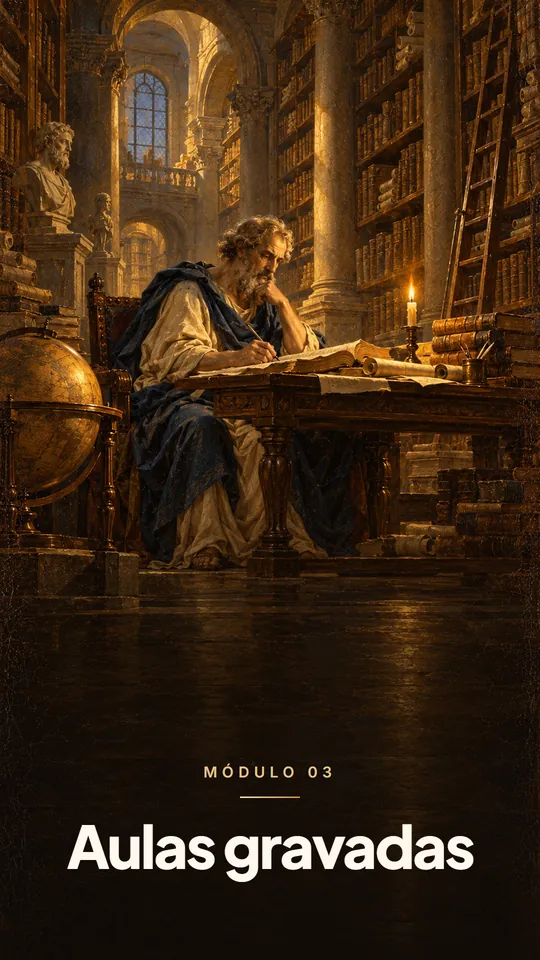 Módulo 3: Aulas gravadas. Pintura clássica de um leitor numa grande biblioteca de livros e pergaminhos