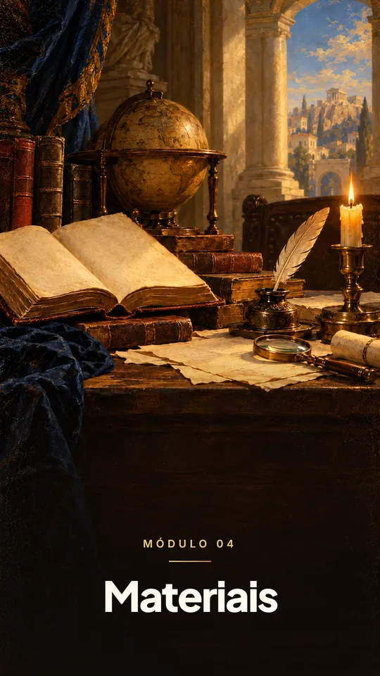 Módulo 4: Materiais. Mesa de estudo com livros abertos, pena, tinteiro e globo