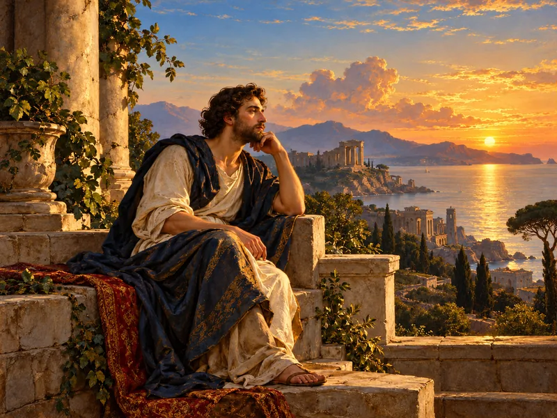 Pintura clássica de um homem sereno num terraço diante de uma paisagem com ruínas