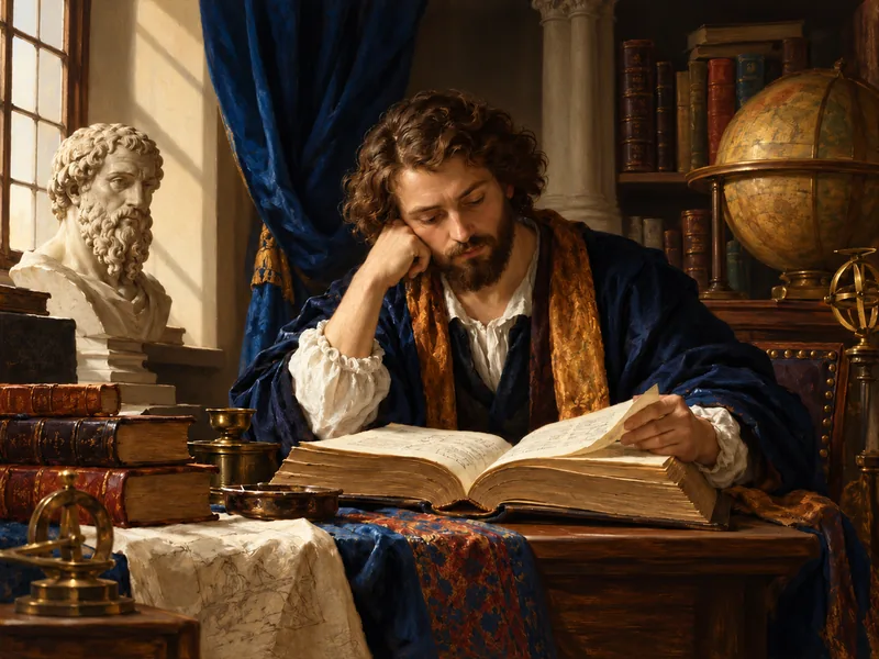 Pintura clássica de uma pessoa lendo um livro antigo num gabinete de estudos