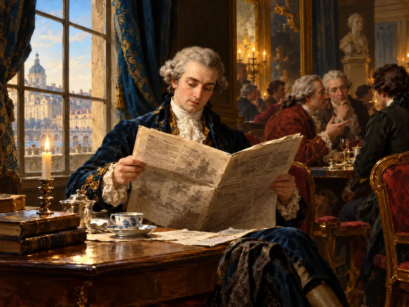 Pintura clássica de um homem lendo o jornal num salão do século XVIII