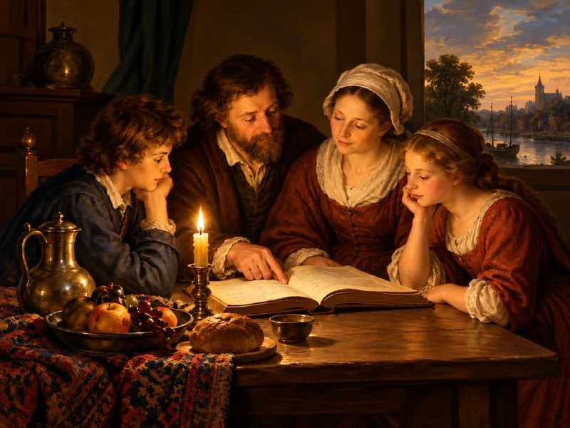Pintura clássica de pais ensinando os filhos à mesa, à luz de vela